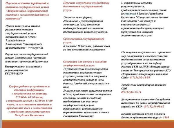 Перечень основных требований к оказанию государственной услуги &quot;Актуализация (корректировка) сведений о сельскохозяйственных животных&quot;