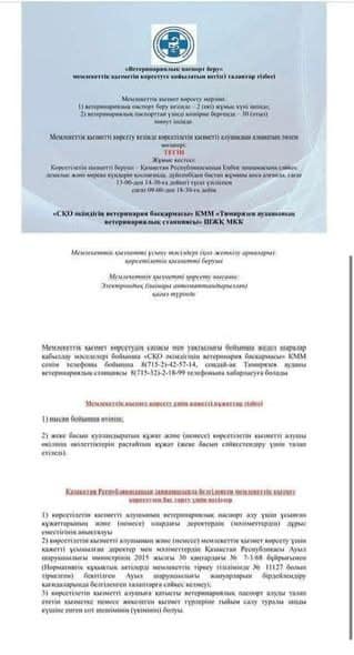 Мемлекеттік қызмет көрсетуге қойылатын негізгі талаптардың тізбесі &quot;Ветеринариялық паспорт беру&quot; 